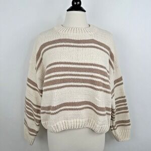 NWOT POL Chenille Cropped Sweater LARGE‎ Cream Tan Stripe Crew Neck Long Sleeve